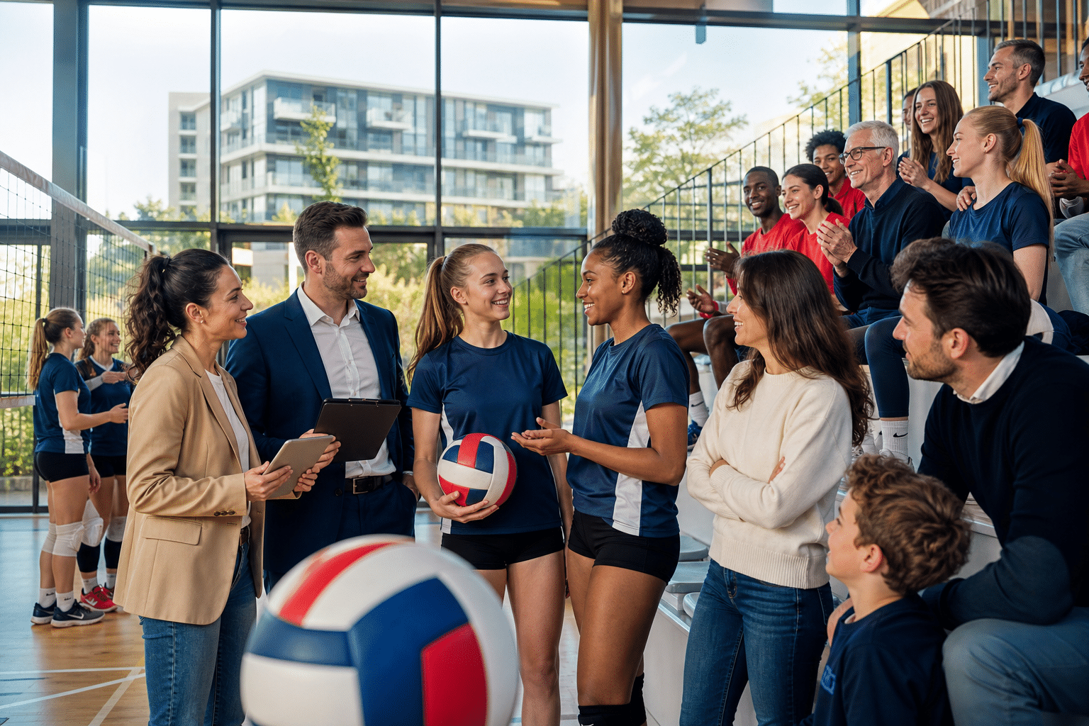 Een groep mensen praat in een sporthal; twee vrouwen dragen volleybaltenues en één houdt een volleybal vast